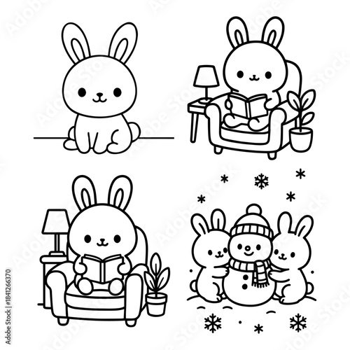 Cute Animal Coloring Pages Set, Cute Bunny Coloring Pages Set Coloring Page Pack. Vector illustration, line art