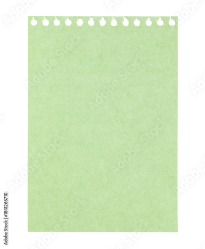 Green blank notepad paper with texture, isolated on transparent background. Office blank paper concept