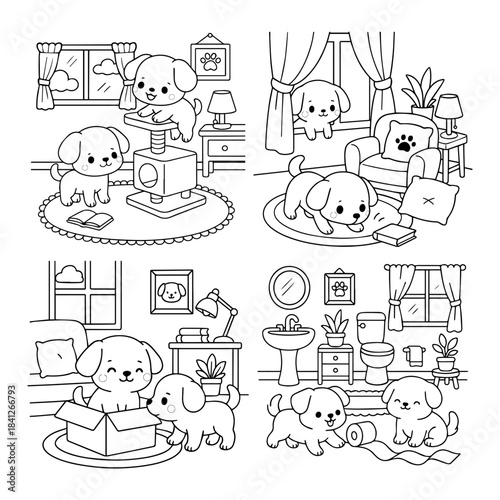 Cute Dog Coloring Pages Set Vector illustration, line art