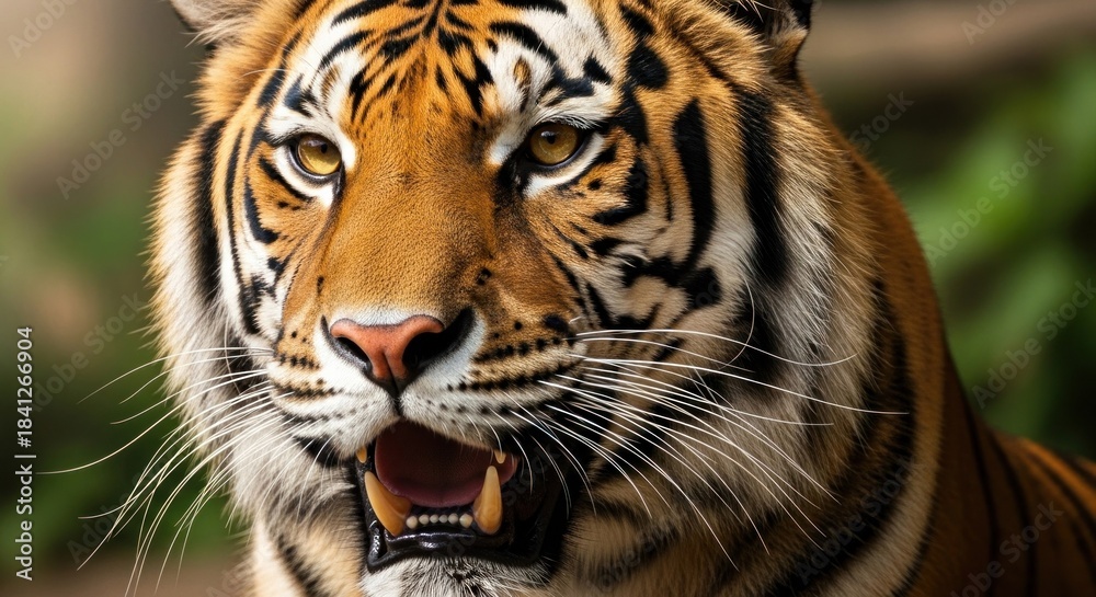 Naklejka premium A tiger with a fierce expression, staring directly at the camera, with its eyes glowing in the dark, set against a blurred green background.