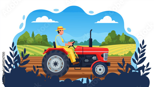 A farmer driving a red tractor through a field, plowing the land under a blue sky with clouds.