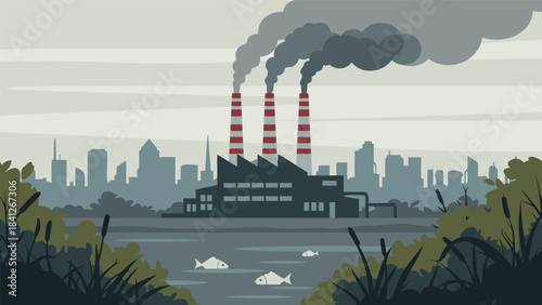 Industrial factory with smoking chimneys polluting the air and dead fish in the river in front of a city skyline.