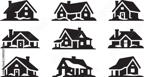 Collection of nine stylized black and white house icons with snow home building