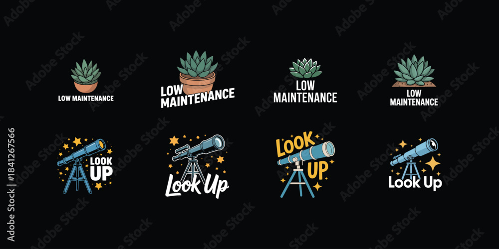 Obraz premium Collection of succulent plant and telescope graphics with text maintenance