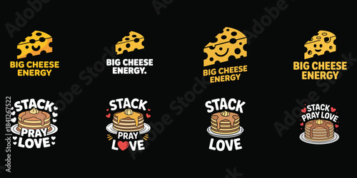 Cheese and pancake stack characters with text on black background Keywords: cheese, swiss cheese