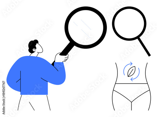 Person holding magnifying glass near an abdomen with digestive motion diagram. Ideal for health awareness, digestion, medical education, research, self-care, wellness, clean design, simple flat