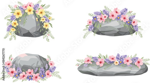 Decorative Rock and Flower Vector Set Featuring Colorful Blossoms, Green Foliage, and Natural Garden Elements for Botanical and Landscaping Design