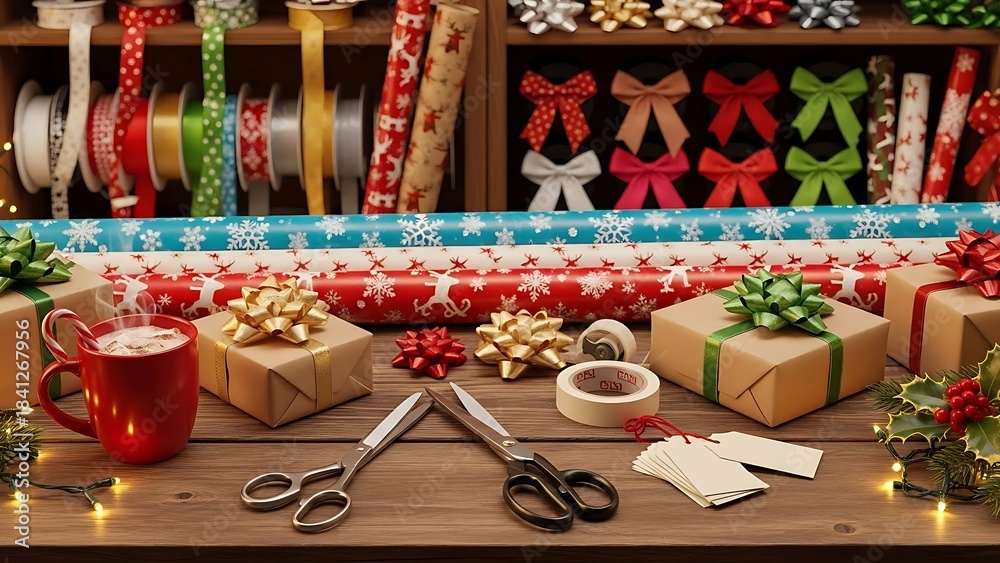 Fototapeta premium Cozy holiday gift wrapping station with hot cocoa ready