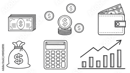 Finance and Money Banking Outline Icon Set, Thin Line Vector Symbols