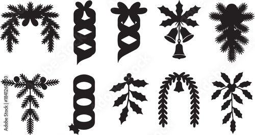 Collection of ten black silhouette Christmas ornaments and festive elements decoration bell