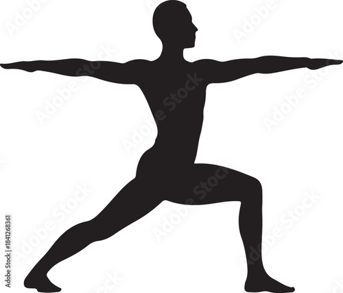 Black silhouette of a person in a warrior two yoga pose on a white background vector