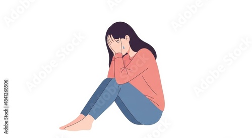 Flat illustration of a young woman experiencing emotional pain and distress seated on the floor