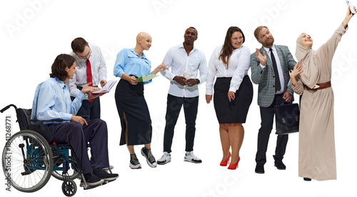 Diverse business group reviewing documents on transparent background. Concept of workflow communication, internal training assets, collaborative problem-solving, and teamwork materials.