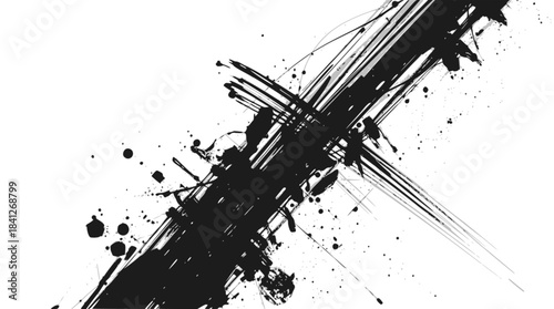 Abstract black ink brush strokes and splatters on a white background, conveying dynamic movement and artistic expression.