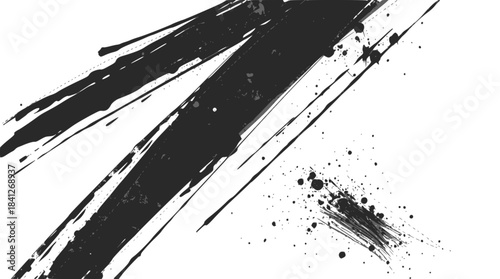 Abstract black ink brush strokes and splatters on a white background.