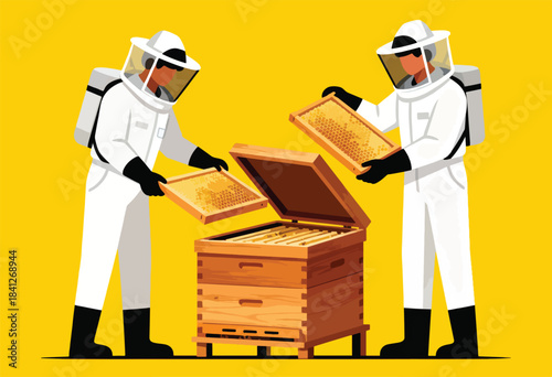 Two beekeepers in protective suits inspecting a beehive with honeycombs