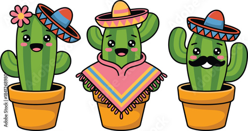 Set of Cute Kawaii Mexican Cactus Characters Wearing Sombrero, Poncho, and Flower