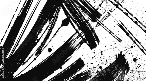 Abstract black ink brush strokes and splatters on a white background, creating a dynamic and energetic composition.