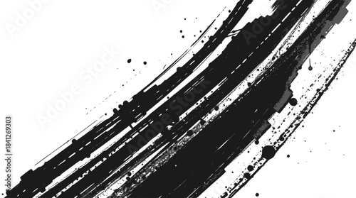 Abstract black ink brush strokes and splatters on a white background, evoking a sense of dynamic movement and artistic expression.