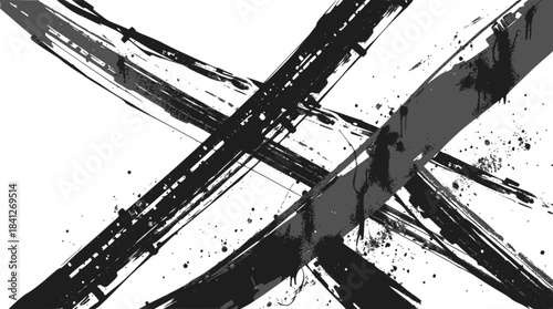 Bold black brush strokes forming a dynamic abstract pattern with a subtle halftone dot texture.