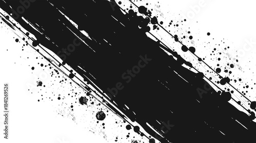 Abstract black ink brush strokes with halftone dot pattern overlay.