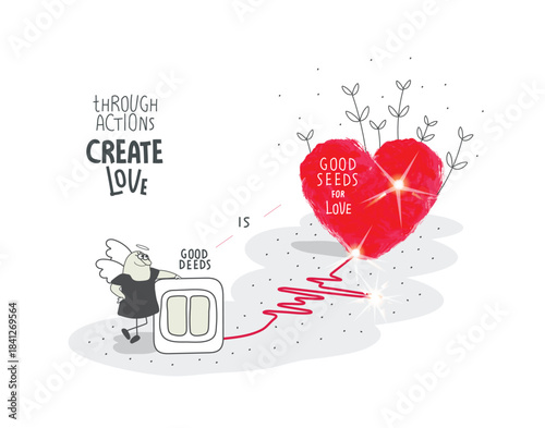 Vector cartoon sketch of Angel who turns on the light of love. Angel advise by creating a seed of love in actions. Good deeds is good seeds. Concept of philanthropy and support.