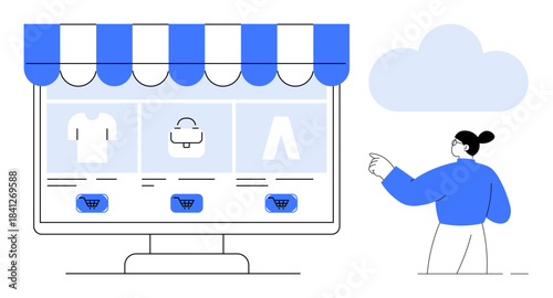 E-commerce, online retail, digital shopping, technology, marketing, user interaction. Computer screen displaying products under an online storefront, person pointing at it. E-commerce and online