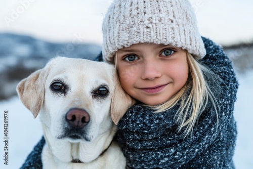 Girl hugging labrador in mountains, showing loyalty and protection, ideal for outdoor brands or emotional family‑focused marketing.