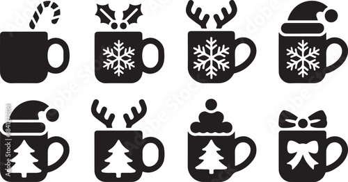 Eight black silhouette Christmas themed mugs with festive designs and toppings on a white background