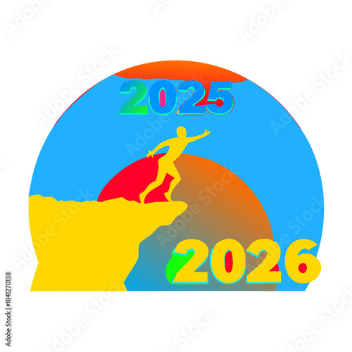 Happy New Year 2026 theme number 2026 on frothy surface of cappuccino served in white coffee mug holding
