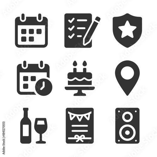Event planning icons: calendar, checklist, celebration, location, music.