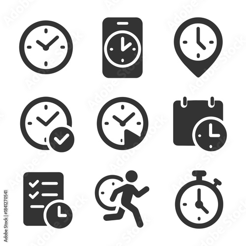 Time management icons set featuring clocks and checklists.
