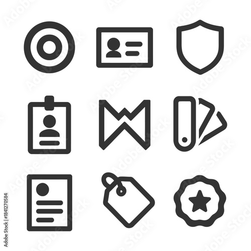 Set of nine black line icons: target, id cards, shield, badge, map, color swatches, document, tag, award.