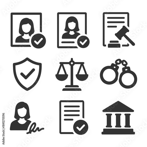 Legal icons: female identification, documents, justice symbols, and court elements.