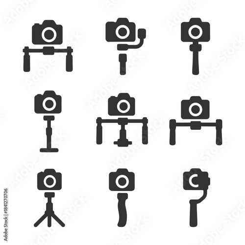 Various camera stabilizers and mounts icons set for photography enthusiasts.