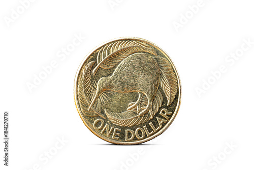 Closeup of One New Zealand Dollar Coin Isolated from Background