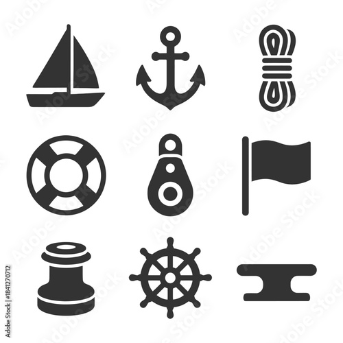 Nautical icon set featuring anchor, sailboat, life ring, and more.