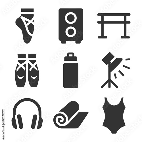 Dance and fitness icons: ballet, music, equipment, and attire.