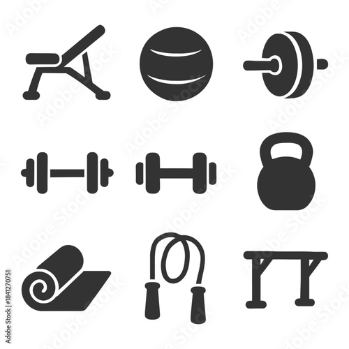 Gym equipment icons set: bench, ball, barbell, dumbbells, kettlebell, mat, rope, pull-up bar.