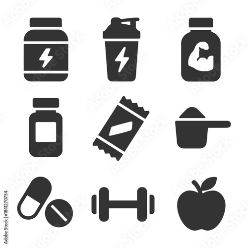 Fitness supplement icons: protein, shaker, pills, dumbbell, apple.