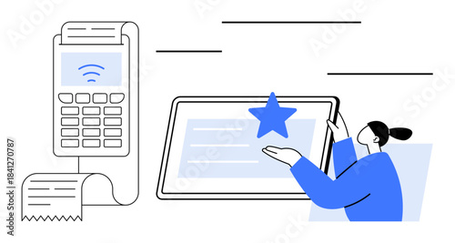 Digital payments, customer ratings, ecommerce, user technology, financial services, online transactions. A person reviews a screen rated with a star. Digital payments and customer ratings concept