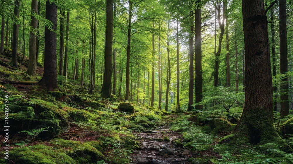 Fototapeta premium Emerald green forest canopy with sunlight piercing through, peaceful natural scene