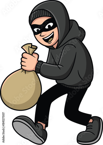 Cartoon illustration of a smiling thief in a black hoodie and mask running while clutching a small sack of stolen goods, representing crime and robbery concepts.