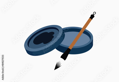 Ink stone with open lid and brush for calligraphy