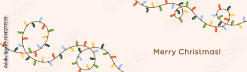 Merry Christmas banner with festive light garland pattern. Wide web panoramic background with lightbulbs, seasonal holiday decoration, ornament and greeting typography. Flat vector illustration