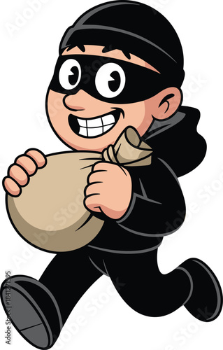Cute Cartoon Criminal Character Illustration Showing a Thief in a Black Hooded Outfit Running Away Happily While Carrying a Large Bag of Stolen Money or Valuable Treasure.