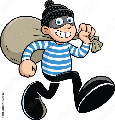 Cartoon Illustration of a Sneaky Burglar or Thief Running Fast While Carrying a Large Sack of Stolen Money or Loot, Wearing a Mask, Striped Shirt, and Black Beanie.