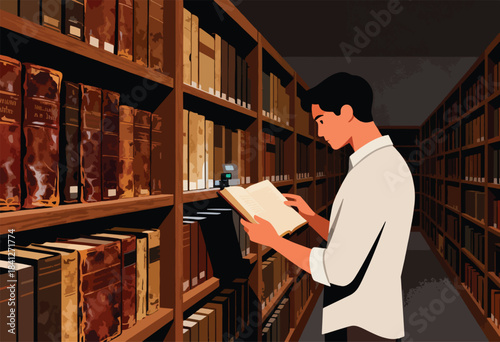 Young man reading an open book in a dimly lit library with rows of antique books