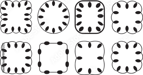 Eight black silhouette icons of decorative borders and frames with rounded shapes and light bulb motifs Keywords: decorative border, ornamental frame, light bulb border, rounded frame, oval border