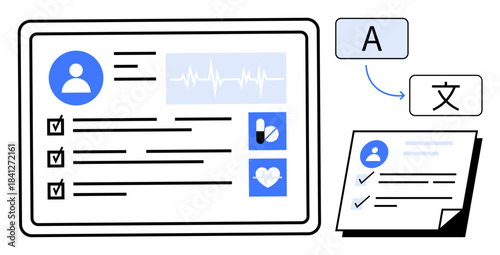 Digital health dashboard with user profile, vital signs, checklist, translation, medication, and heart health icons. Ideal for healthcare, technology, patient records translation data management